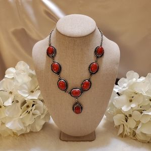 Red stone & silver Y necklace